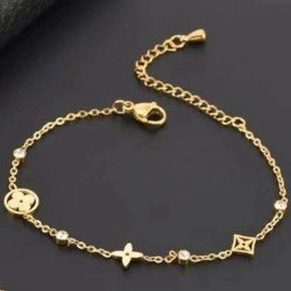 Gold Stainless Steel Zirconia Flower Star‎ Charm Bracelet Adjustable Link Chain